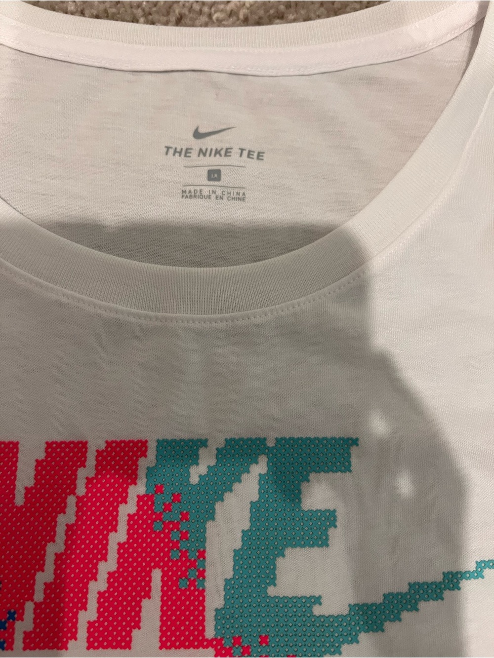 Nike White Short Sleeve Tee with Pink & Teal Pixel Graphic